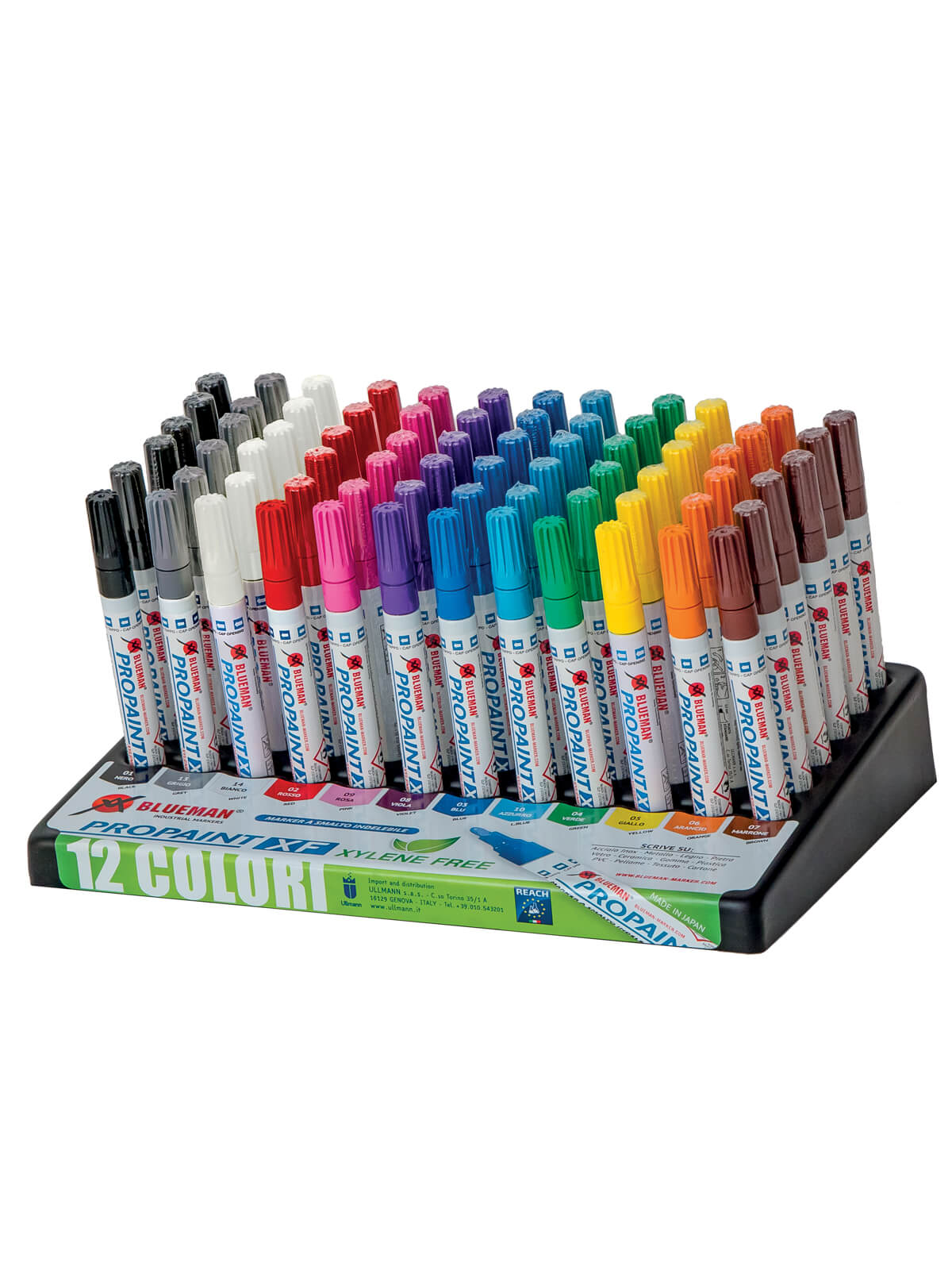 Pack da 12 pennarelli Propaint XF del brand Blueman, prodotti e distribuiti da Ullmann. Marcatore a smalto permanente senza Xilene, atossico e inodore. Punta rientrante con valvola interna e corpo in alluminio con sfere di metallo interne per miscelare al meglio lo smalto. Scrive su metallo, acciaio, legno, pietra, vetro, gomma, PVC e cartone. Disponibile in 16 colori di cui 4 fluorescenti.