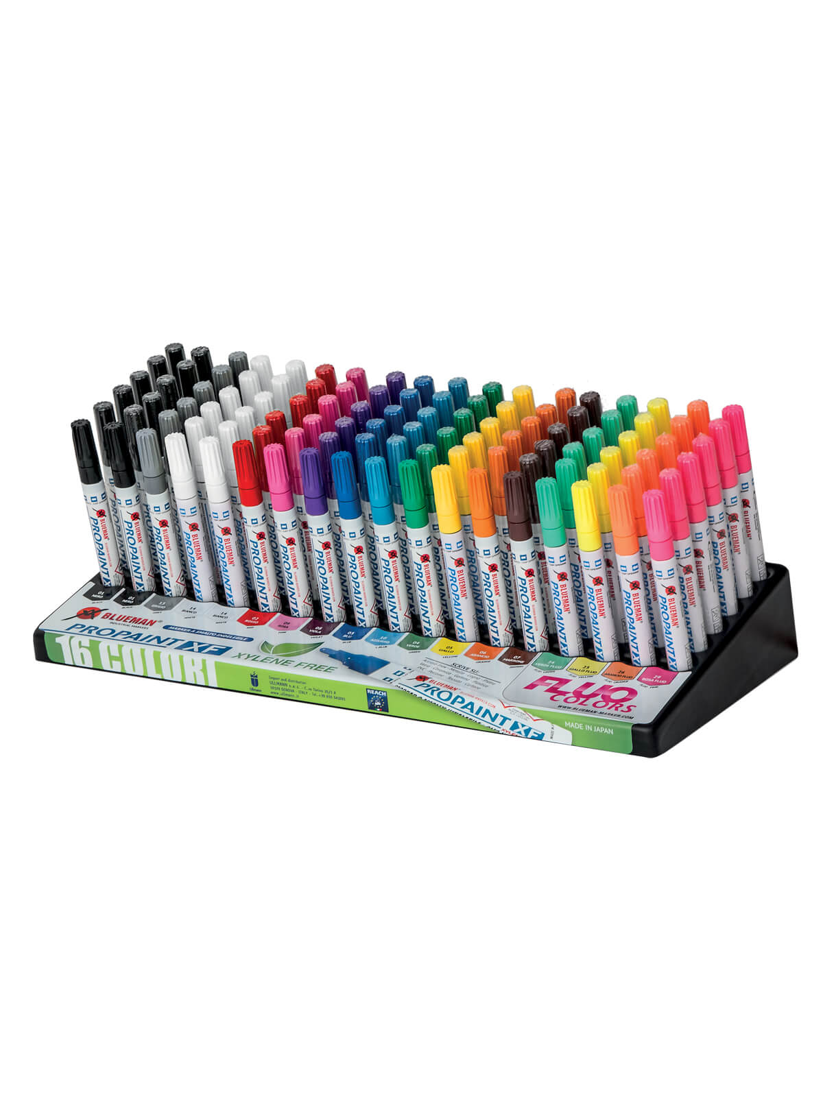 Pack da 16 pennarelli Propaint XF del brand Blueman, prodotti e distribuiti da Ullmann. Marcatore a smalto permanente senza Xilene, atossico e inodore. Punta rientrante con valvola interna e corpo in alluminio con sfere di metallo interne per miscelare al meglio lo smalto. Scrive su metallo, acciaio, legno, pietra, vetro, gomma, PVC e cartone. Disponibile in 16 colori di cui 4 fluorescenti.
