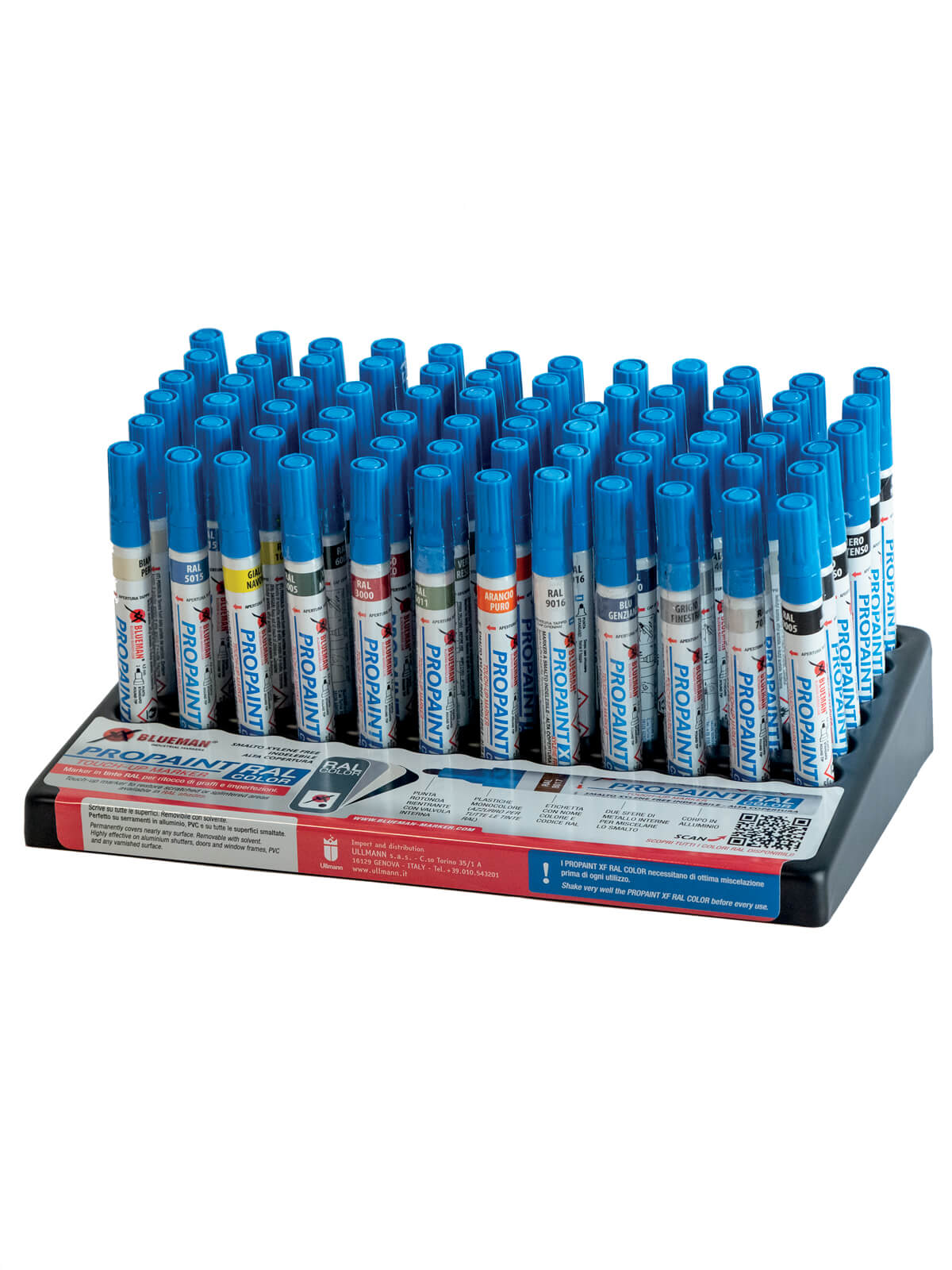 Pack pennarello Propaint RAL del brand Blueman, prodotto e distribuito da Ullmann. Marker professionale per ritoccare scheggiature, graffi e piccole ammaccature su serramenti in alluminio, PVC e su tutte le superfici smaltate. Smalto senza Xilene atossico e inodore. Punta rientrante con valvola interna. Corpo in alluminio e sfere di metallo interne per una perfetta miscelazione dello smalto. Necessitano di ottima miscelazione. Non adatti alla scrittura. Disponibile in 25 colori RAL.