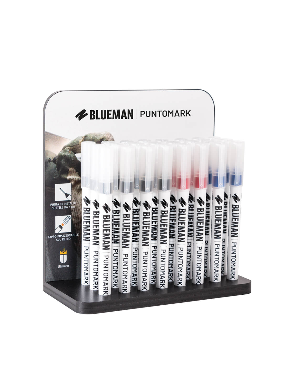 Box pennarello Puntomark del brand Blueman, prodotto e distribuito da Ullmann. Marcatore professionale con terminale in metallo lungo 20 mm per segnare attraverso i fori. Utile in fase di montaggio di mobili, infissi, mensole, sistemi di illuminazione, ecc. L’inchiostro permanente a base alcool garantisce una marcatura precisa e duratura su legno, metallo, gomma, plastica e materiali simili. Tappo posizionabile sul retro con clip di aggancio.