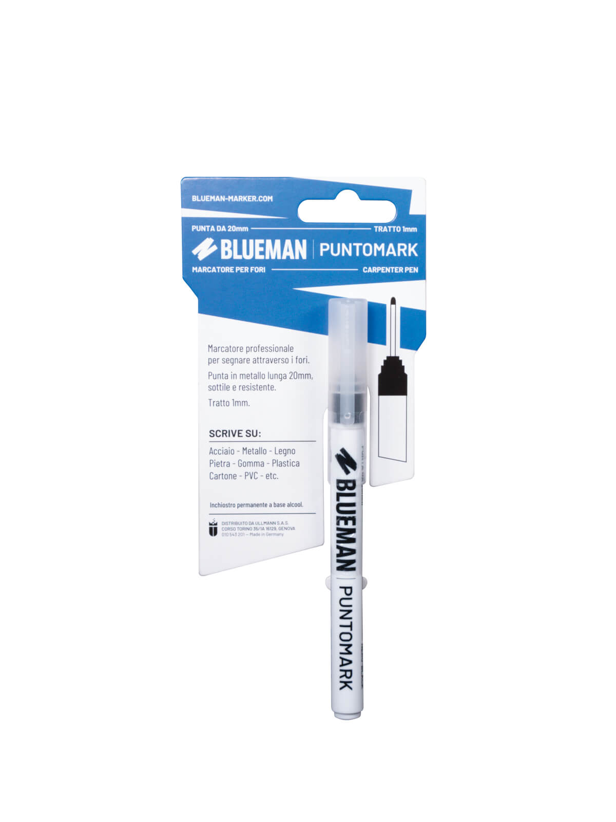 Blister pennarello Puntomark del brand Blueman, prodotto e distribuito da Ullmann. Marcatore professionale con terminale in metallo lungo 20 mm per segnare attraverso i fori. Utile in fase di montaggio di mobili, infissi, mensole, sistemi di illuminazione, ecc. L’inchiostro permanente a base alcool garantisce una marcatura precisa e duratura su legno, metallo, gomma, plastica e materiali simili. Tappo posizionabile sul retro con clip di aggancio.