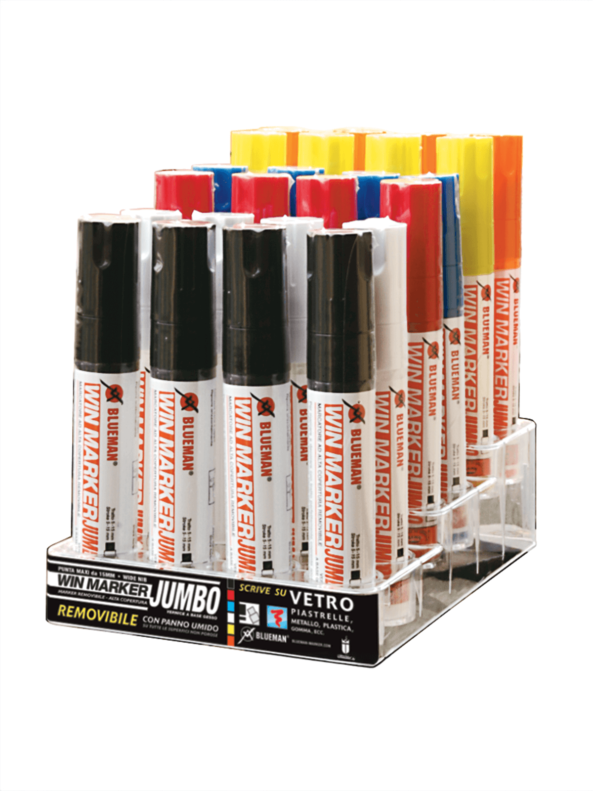 Pack pennarello Win Marker Jumbo del brand Blueman, prodotto e distribuito da Ullmann. Marcatore removibile con smalto a base gesso cancellabile con panno umido. Adatto per marcature temporanee su superfici non porose in industrie, officine, carrozzerie e su vetrine. Non danneggia le superfici. Corpo in polipropilene con sfere di metallo interne e punta rientrante con valvola interna.