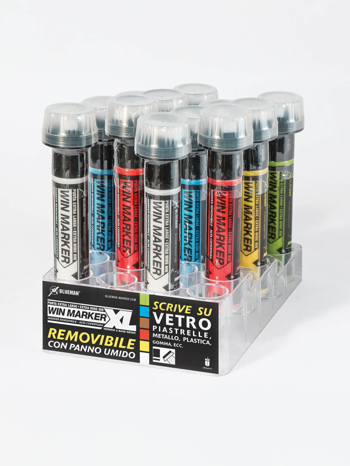 Pack pennarello Win Marker XL del brand Blueman, prodotto e distribuito da Ullmann. Marcatore removibile con smalto a base gesso cancellabile con panno umido. Adatto per marcature temporanee su superfici non porose in industrie, officine, carrozzerie e su vetrine. Non danneggia le superfici. Corpo in polipropilene con sfere di metallo interne e punta rientrante con valvola interna. Disponibile in 6 colori.